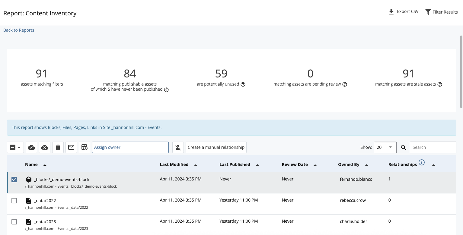 A Content Inventory report of 91 assets, with filters for matching assets, published status, and owner assignment