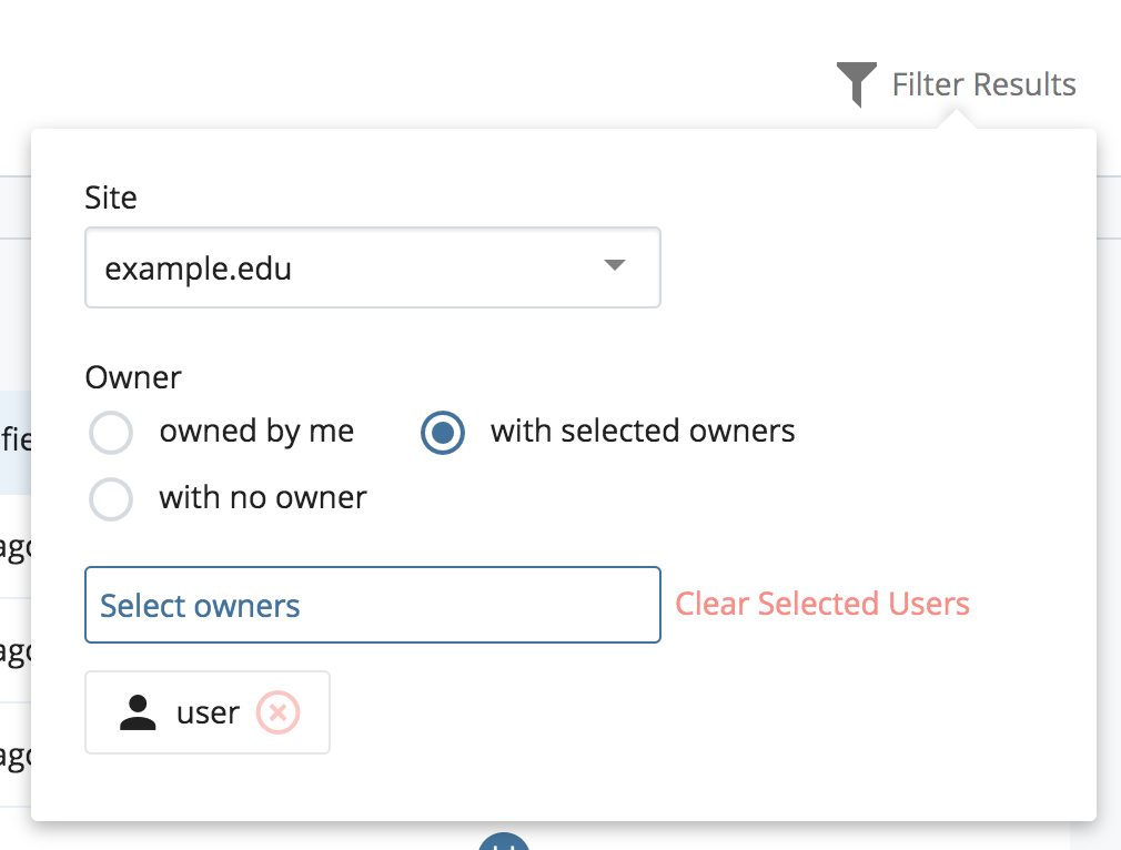 The Content Ownership report filter panel, with controls for site and content owner