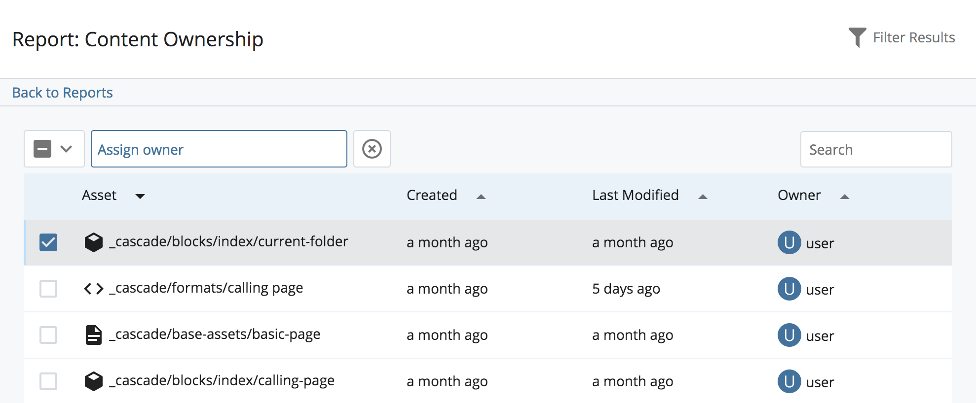 Content Ownership report results listing assets grouped by their assigned owner