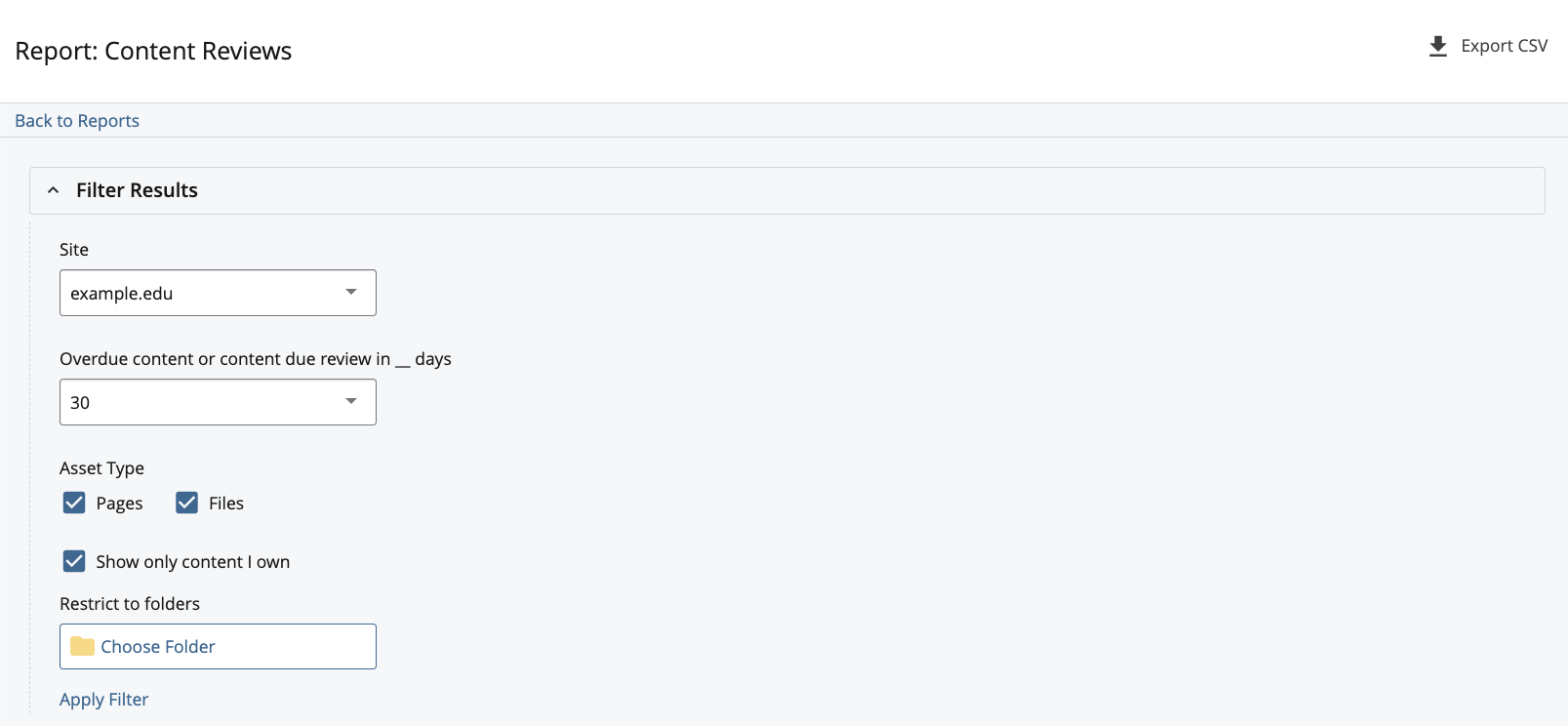 The Content Up for Review report filter panel, with site and review date controls