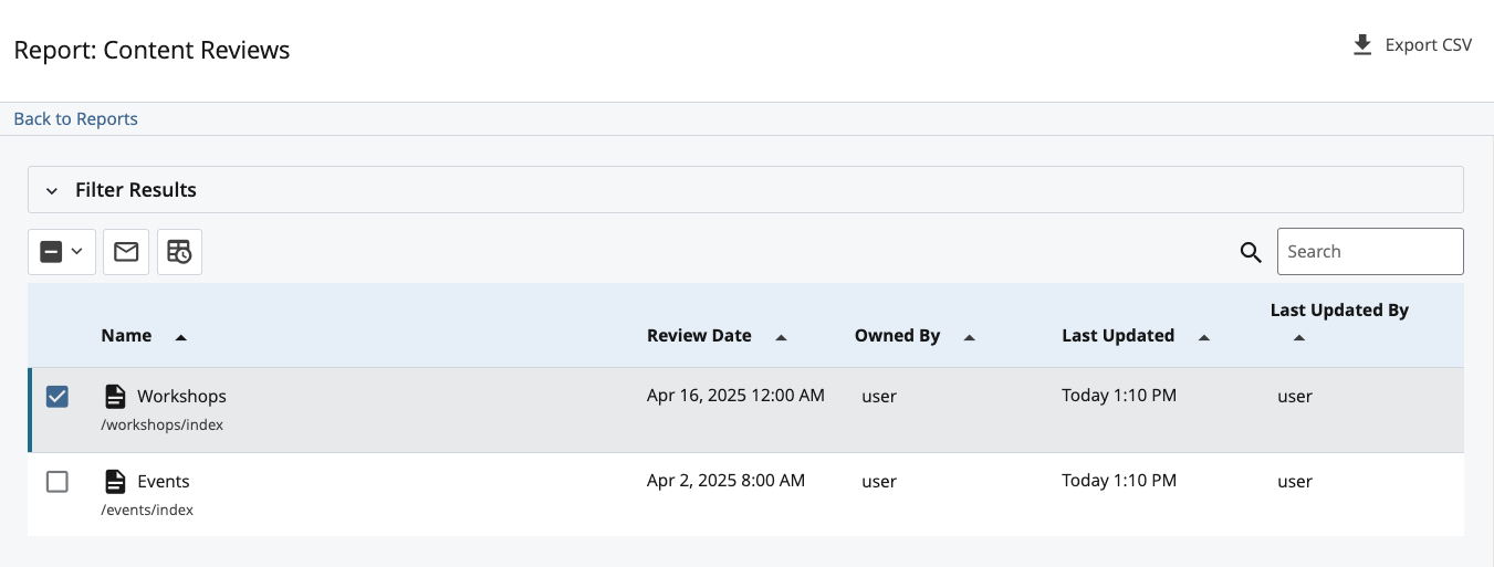 Content Up for Review results listing assets with their scheduled review dates