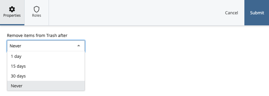 Dropdown menu for selecting how long to retain items in Trash before automatic removal.