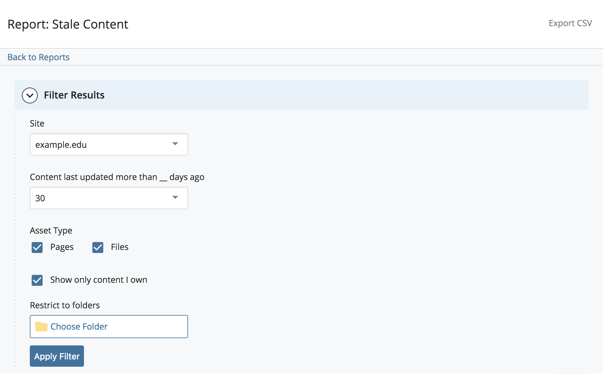 The Stale Content report filter panel, with controls for site and staleness threshold