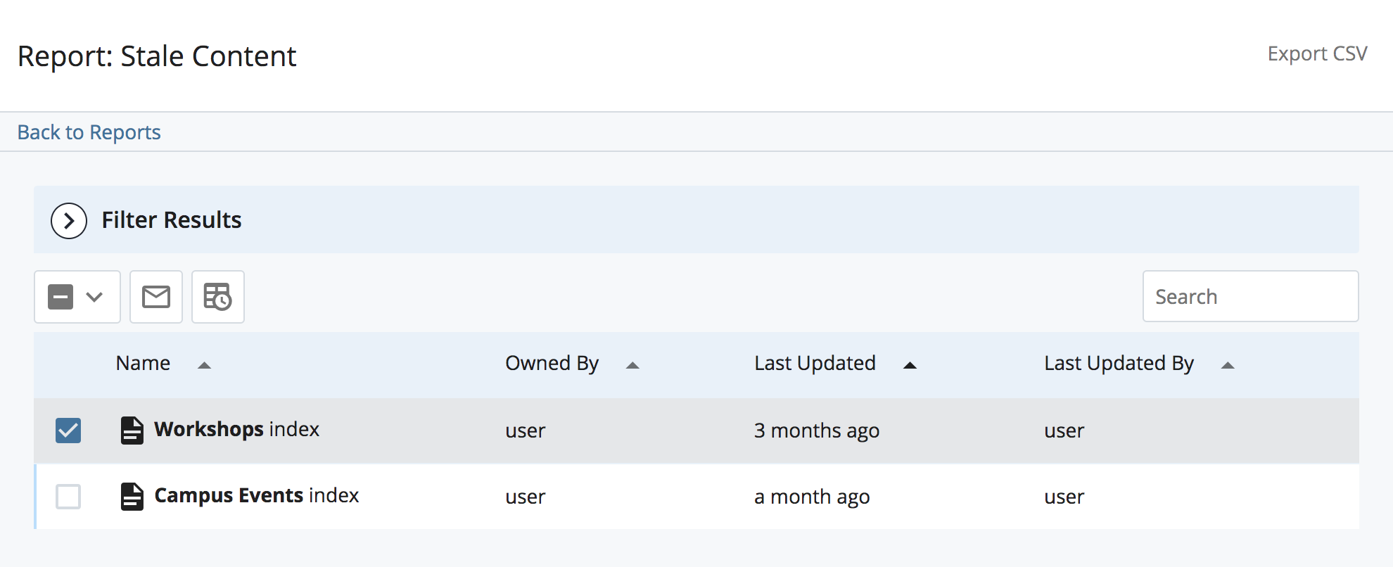 Stale Content report results listing assets that have not been modified recently