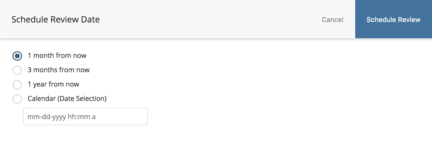 The Schedule Review Date dialog, setting a future review date for selected stale assets