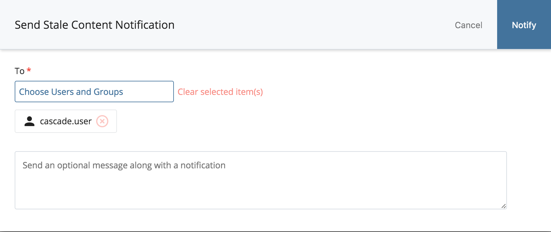 The Send Notification dialog, emailing content owners about their stale assets