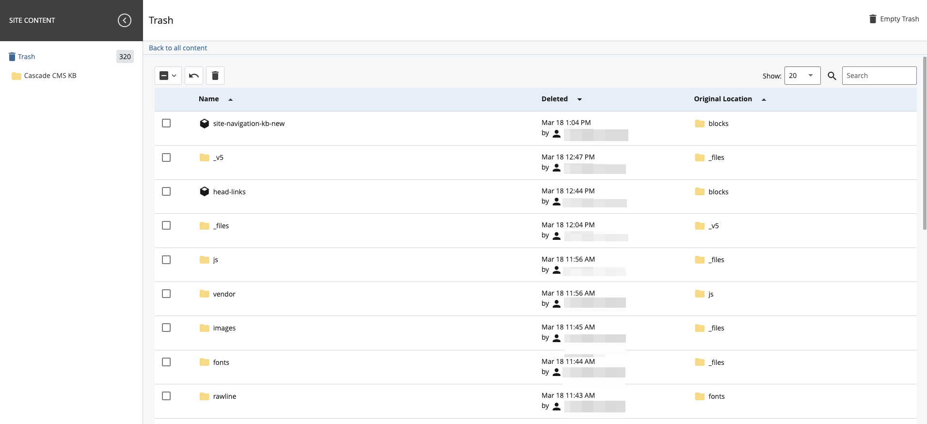 Screenshot of the trash area showing deleted items and their original locations.