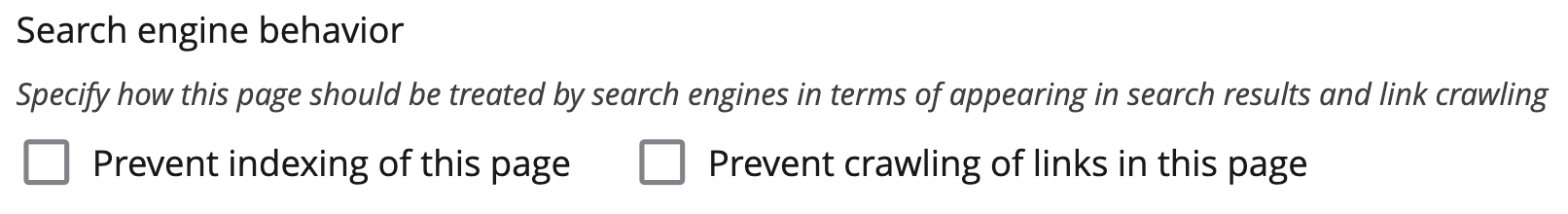 Checkbox options for the robots tag as they appear when editing a page