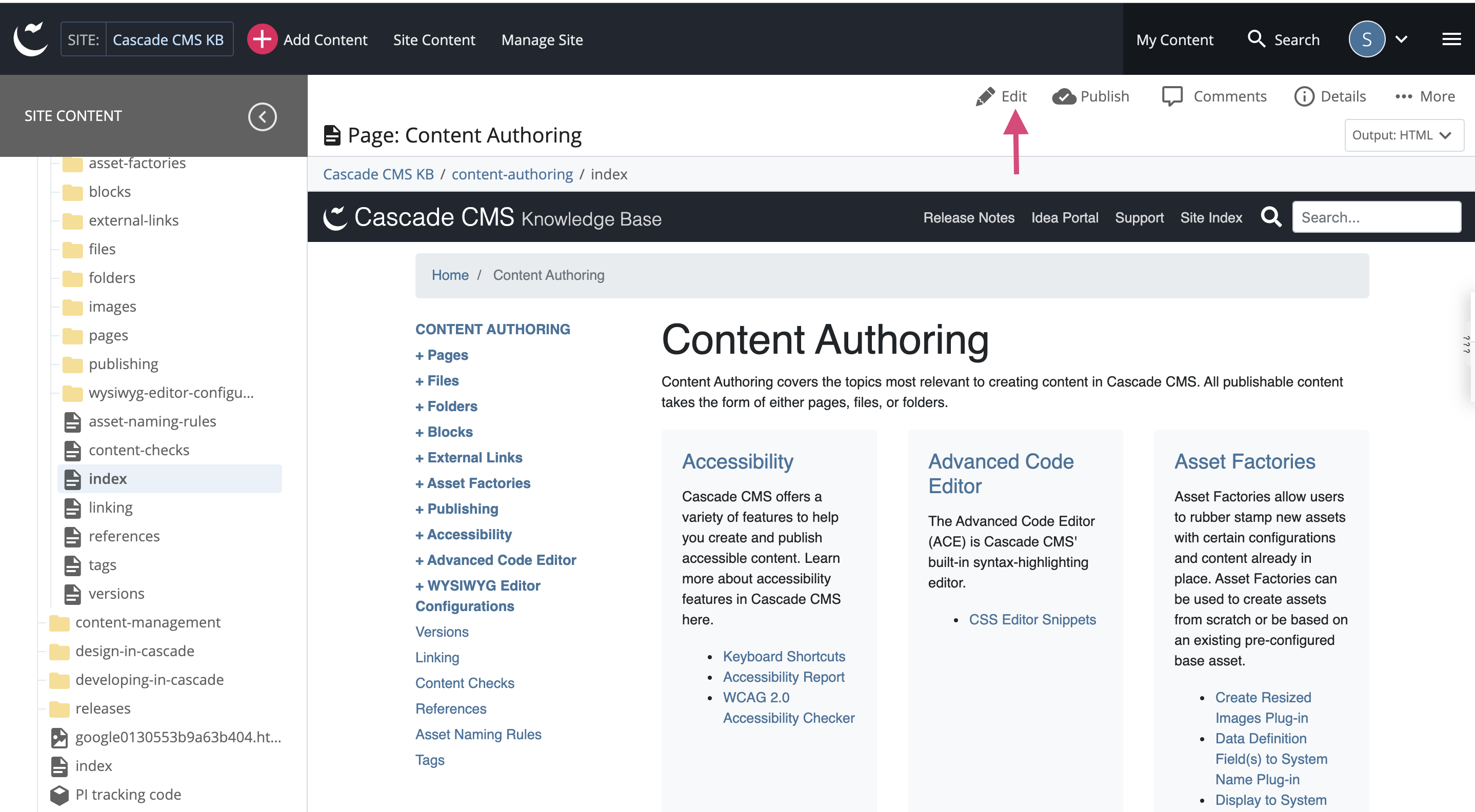 Edit button at the top of a page in Cascade CMS