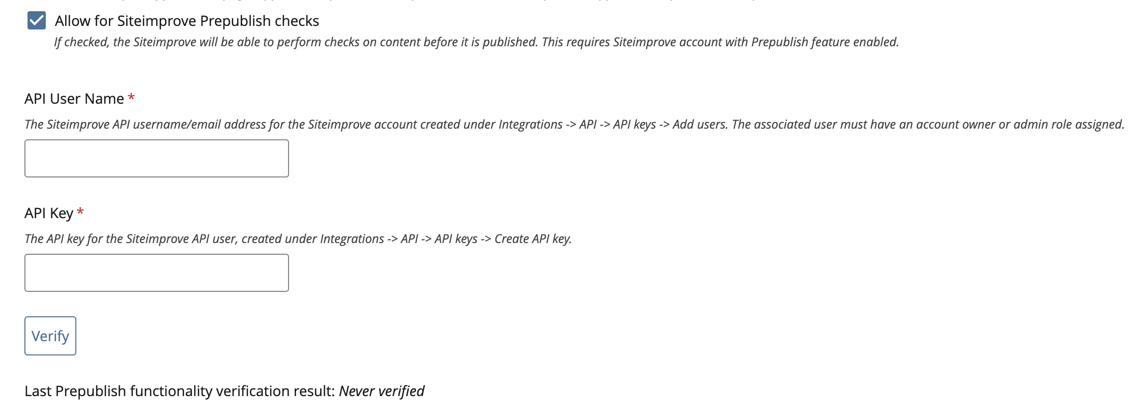 Siteimprove Prepublish settings