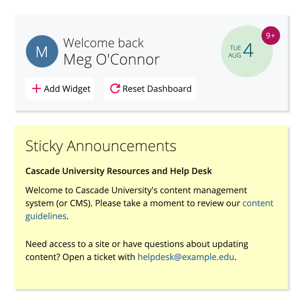 sticky announcement widget on the dashboard