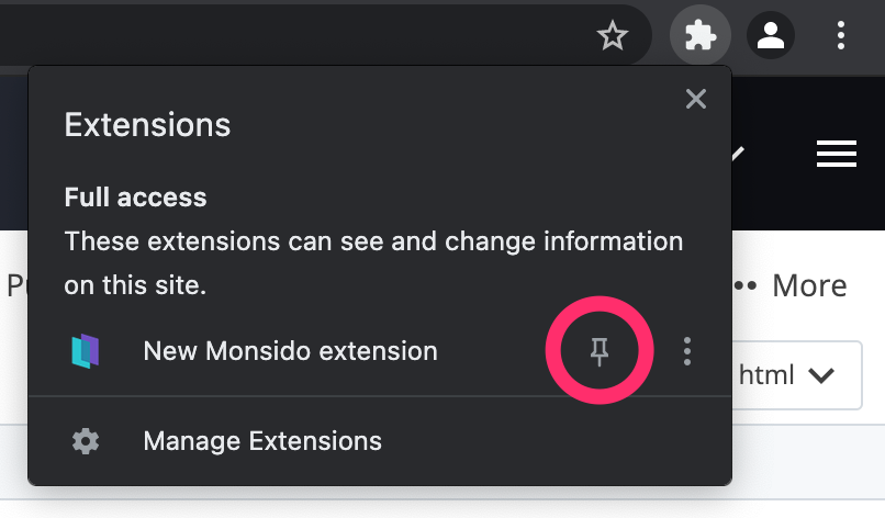 Extension menu in Chrome toolbar