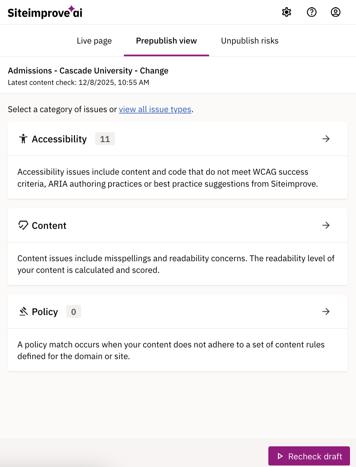 Screenshot of the Siteimprove platform displaying the "Prepublish view" for an admissions page at Cascade University, highlighting categories of issues such as Accessibility, Content, and Policy.