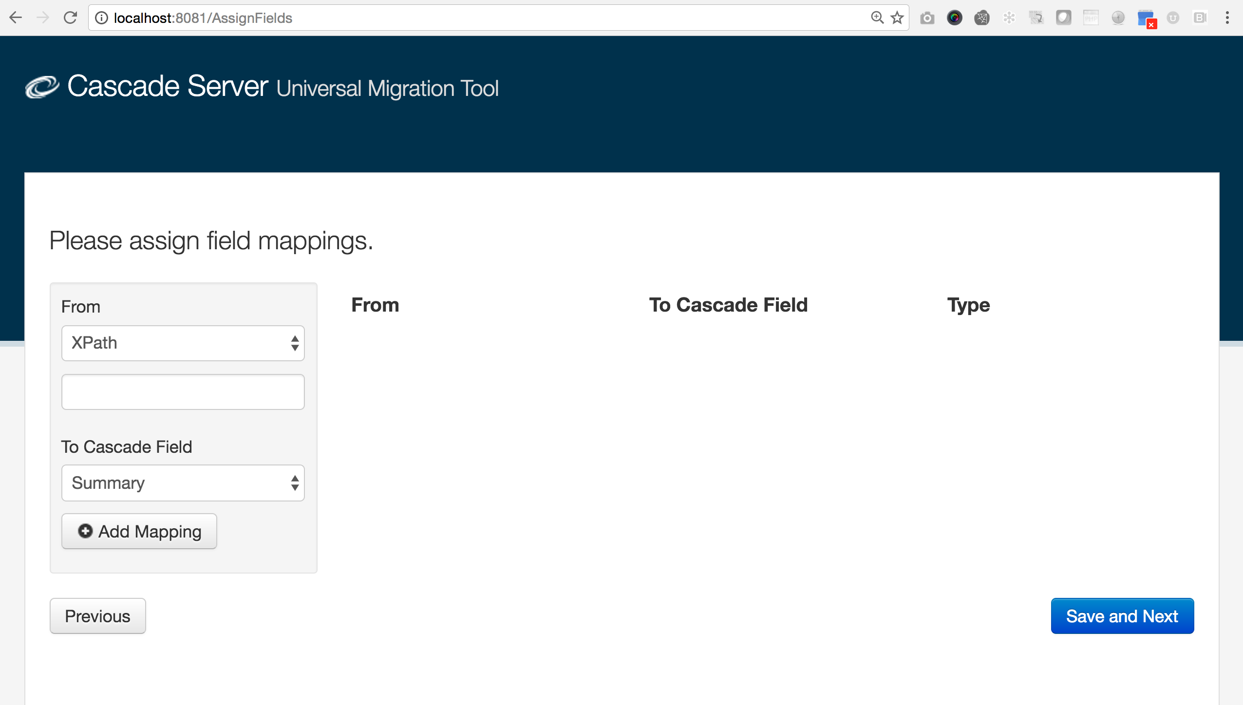 Migration Tool xpath mappings screen