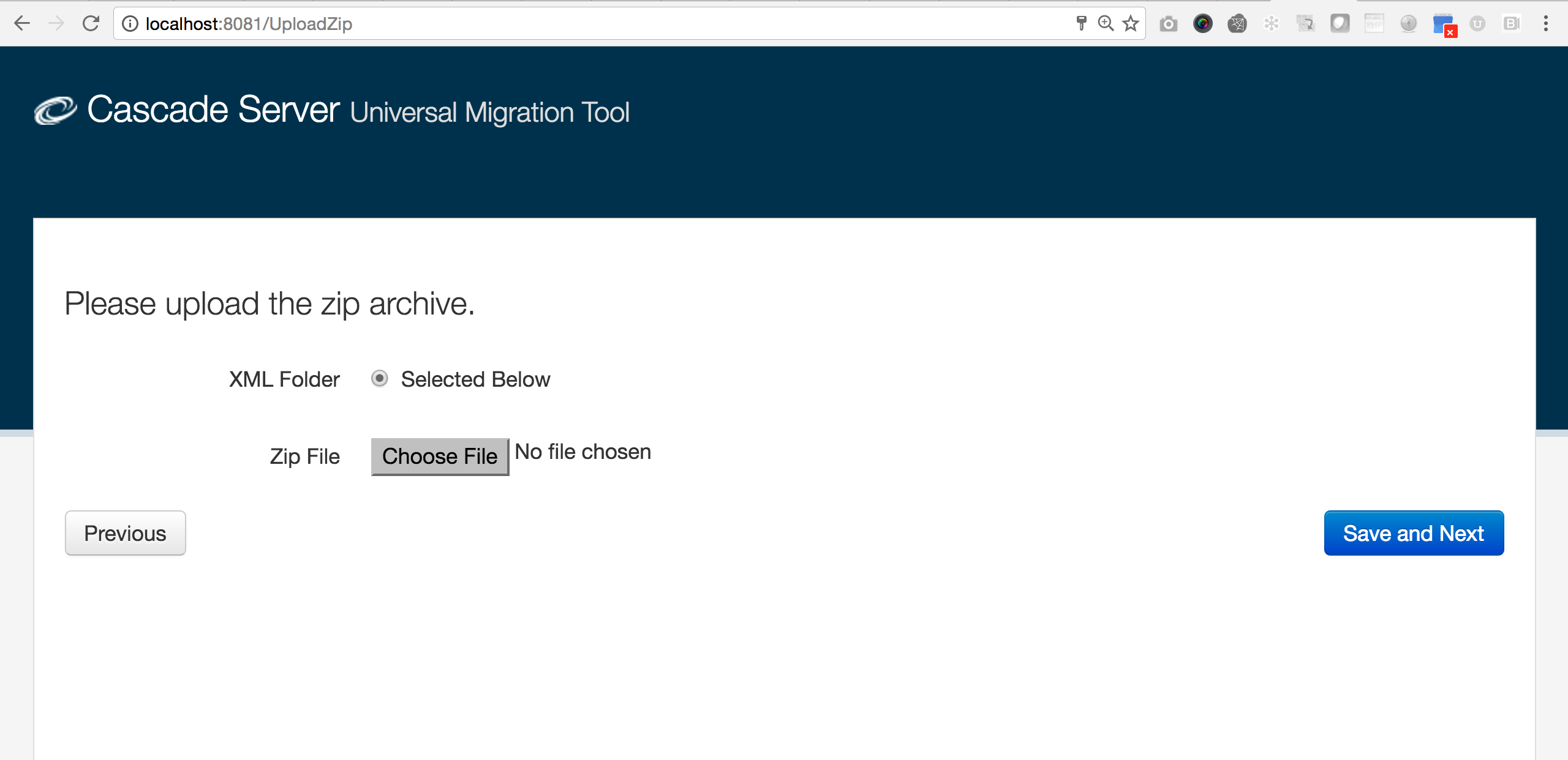 Migration tool upload screen