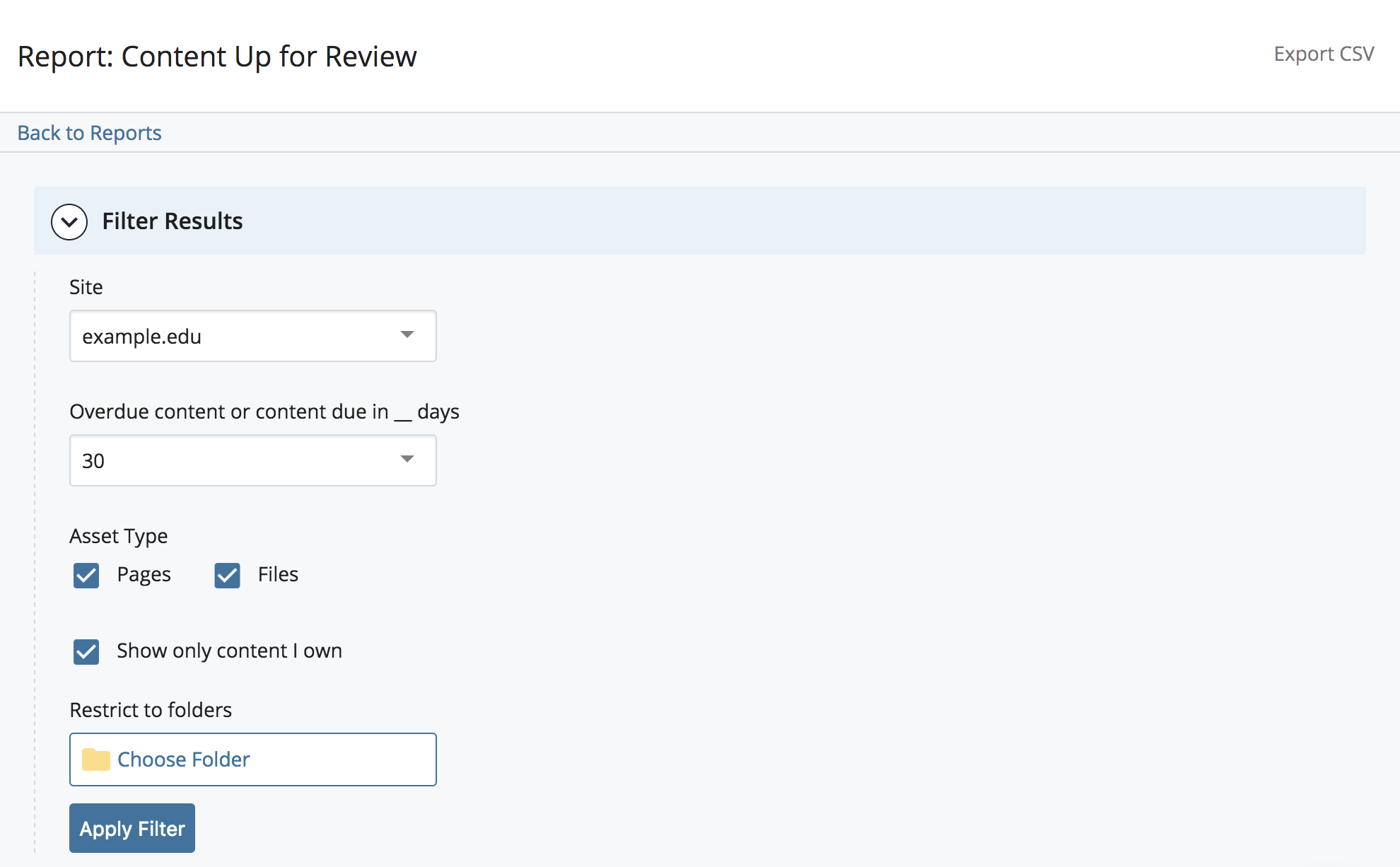Content Up for Review Report Filters