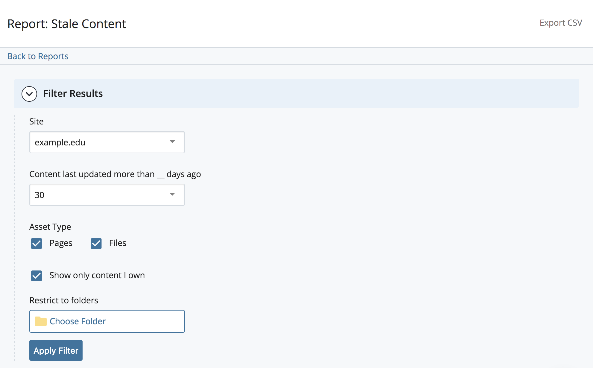 Stale Content Report Filters