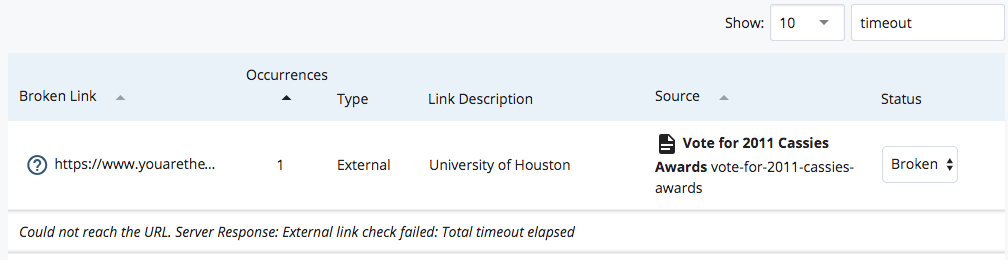 Broken Link reason search