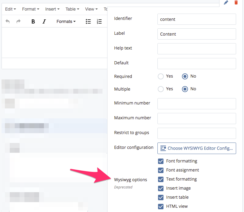 Screenshot of deprecated WYSIWYG field options.