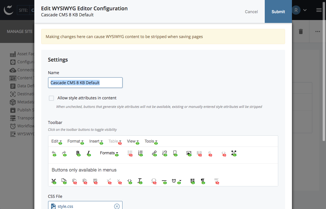 Screenshot of Editor Configuration edit modal.