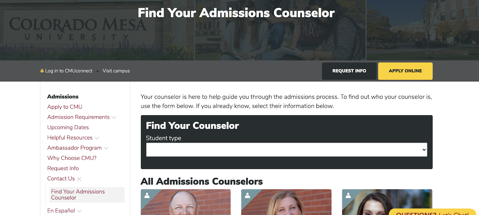 Find admissions counselor