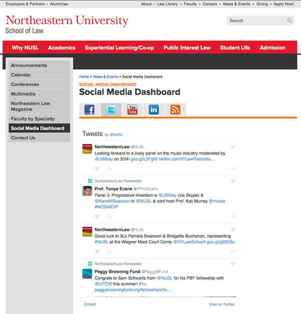 NEU Law's social media dashboard