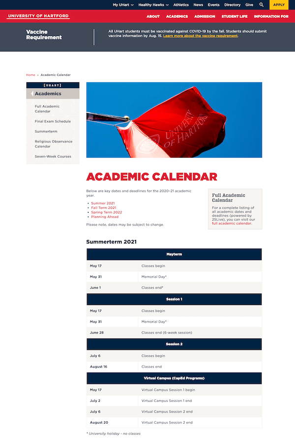 The University of Hartford Calendar