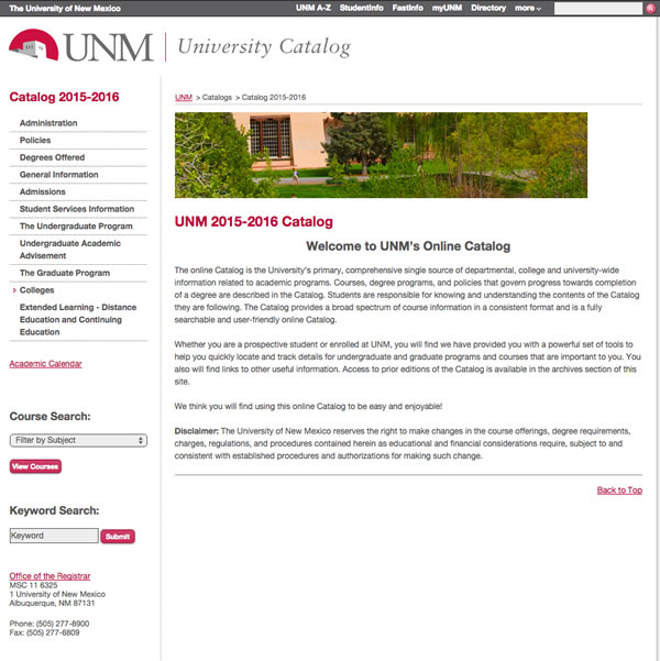 University of New Mexico Course Catalog