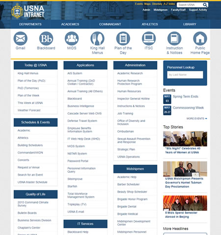 A preview of the United States Naval Academy's intranet site