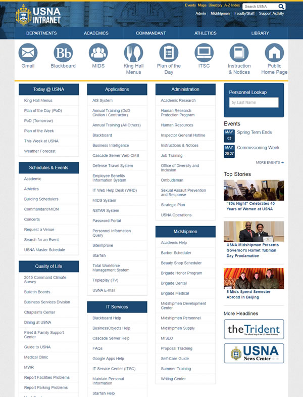 A preview of the United States Naval Academy's intranet site