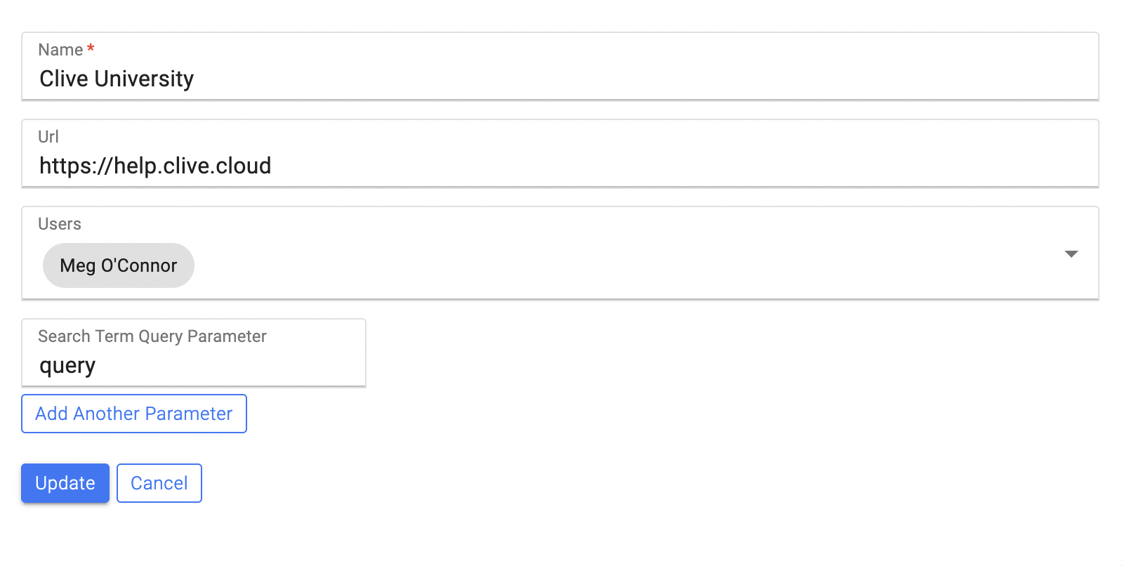 Site settings screen featuring search term query parameters field.