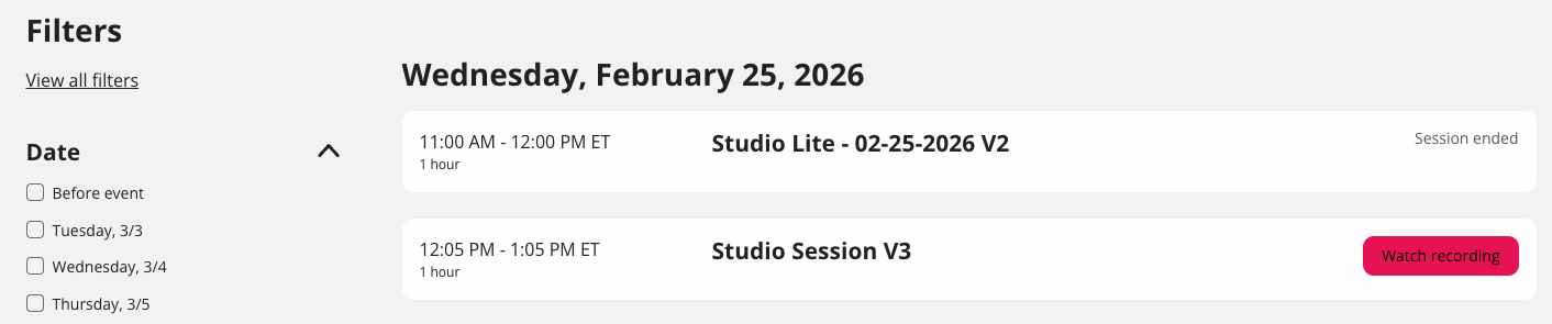 Screenshot of All Sessions "Watch Recording" button for CUC26